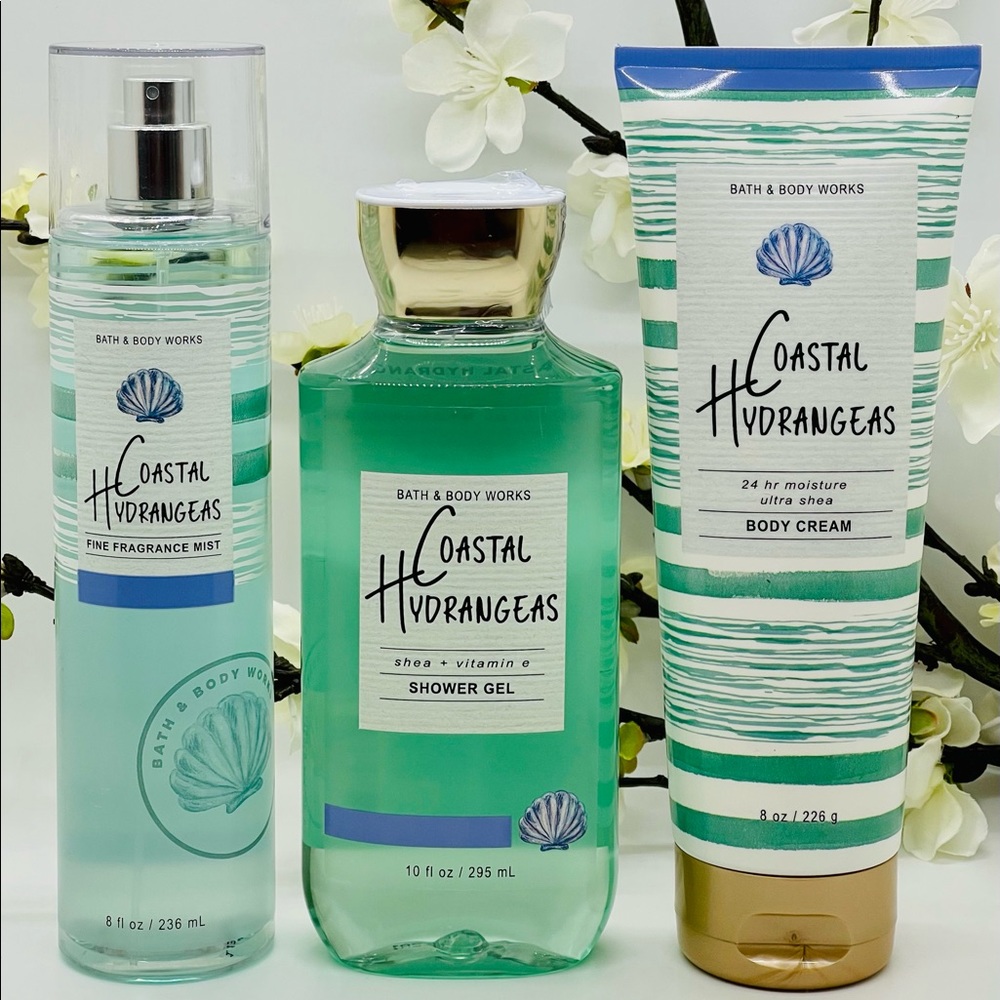 Bath and Body Works Coastal Hydrangeas Fine Fragrance, Gel, Body Cream 3-Pc Set